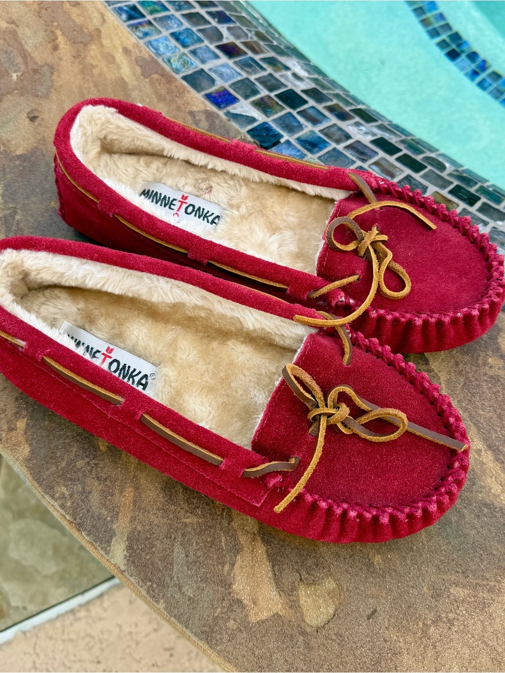 Minnetonka Red Suede Faux-Fur Lined Moccasin Slip-Ons